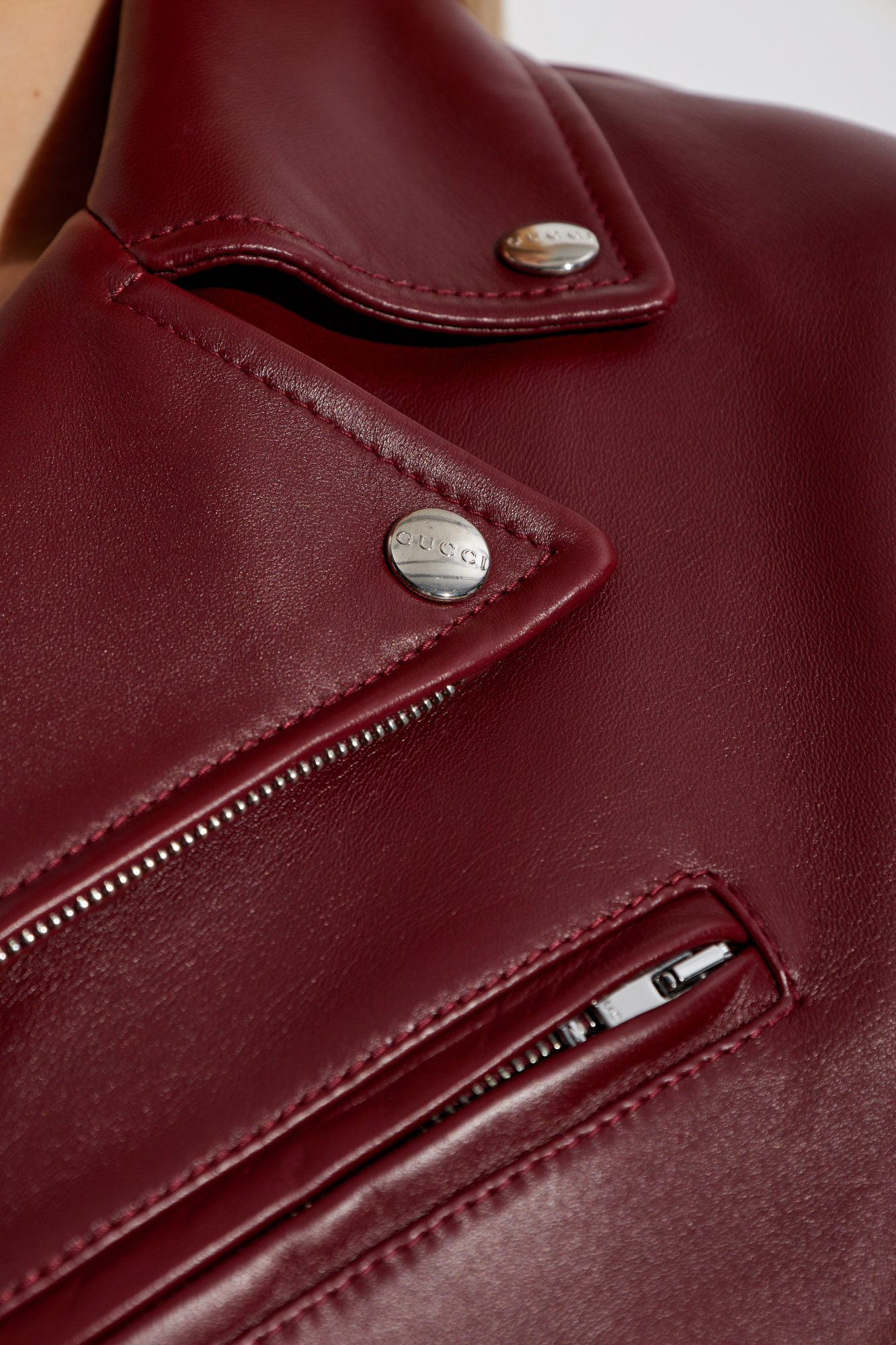 【GUCCI】leather funnel collar zip-up jacket【ランク:A】 Leather jacket with Horsebit detail in Rosso Ancora red